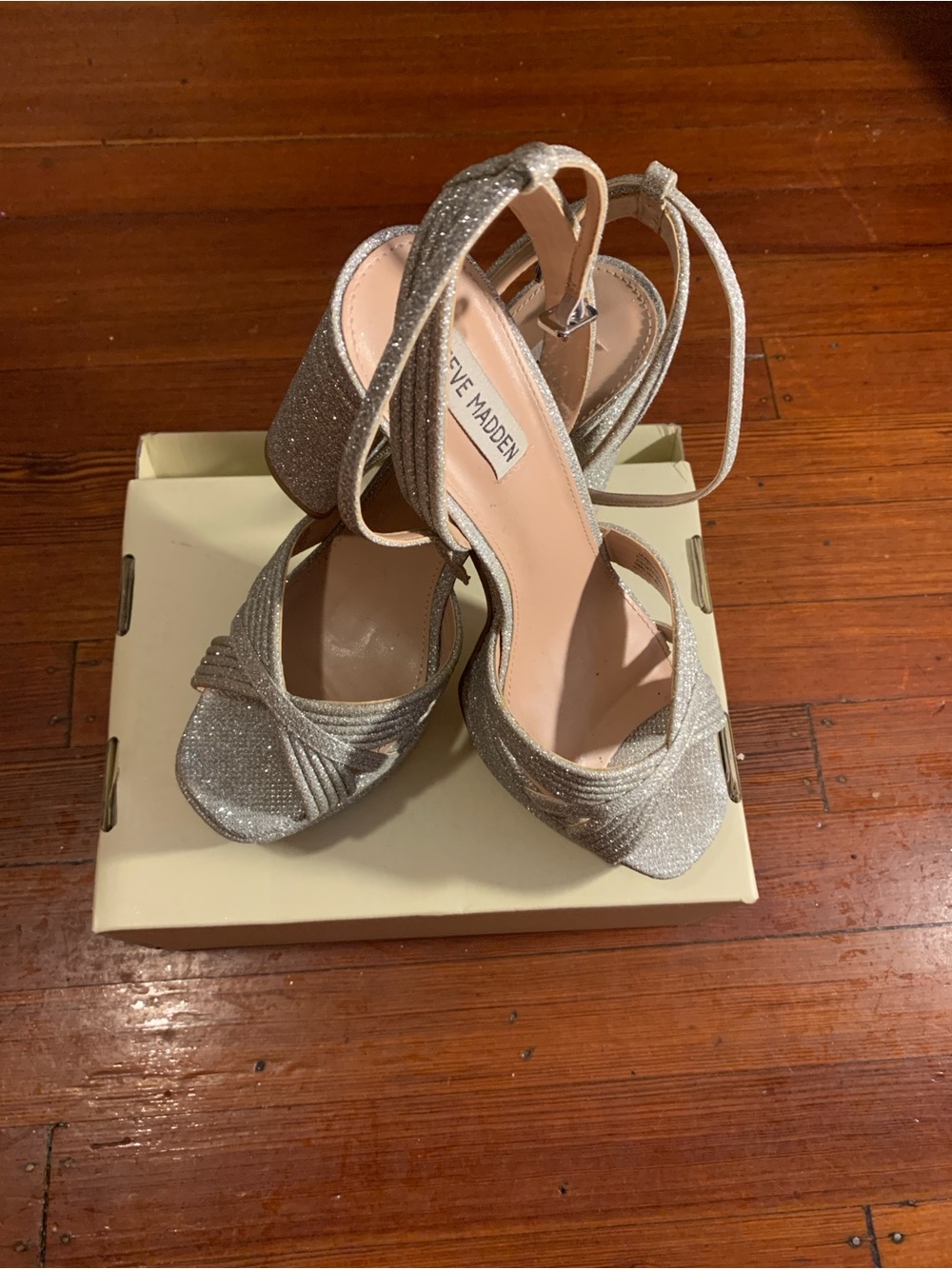 Steve Madden Glitter Platform Ankle-Strap Heels in Silver